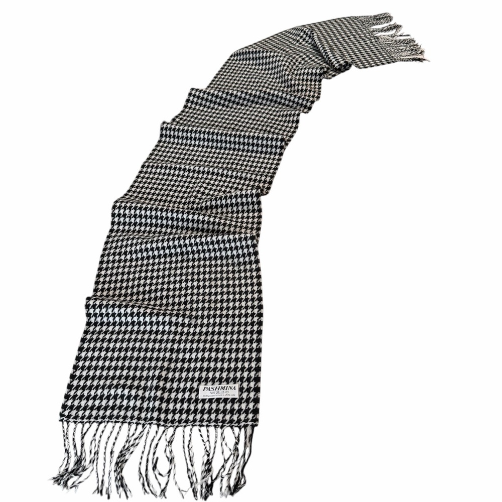 Pashmina Houndstooth Cashmere Silk Scarf 73” x Black 12” Black/White